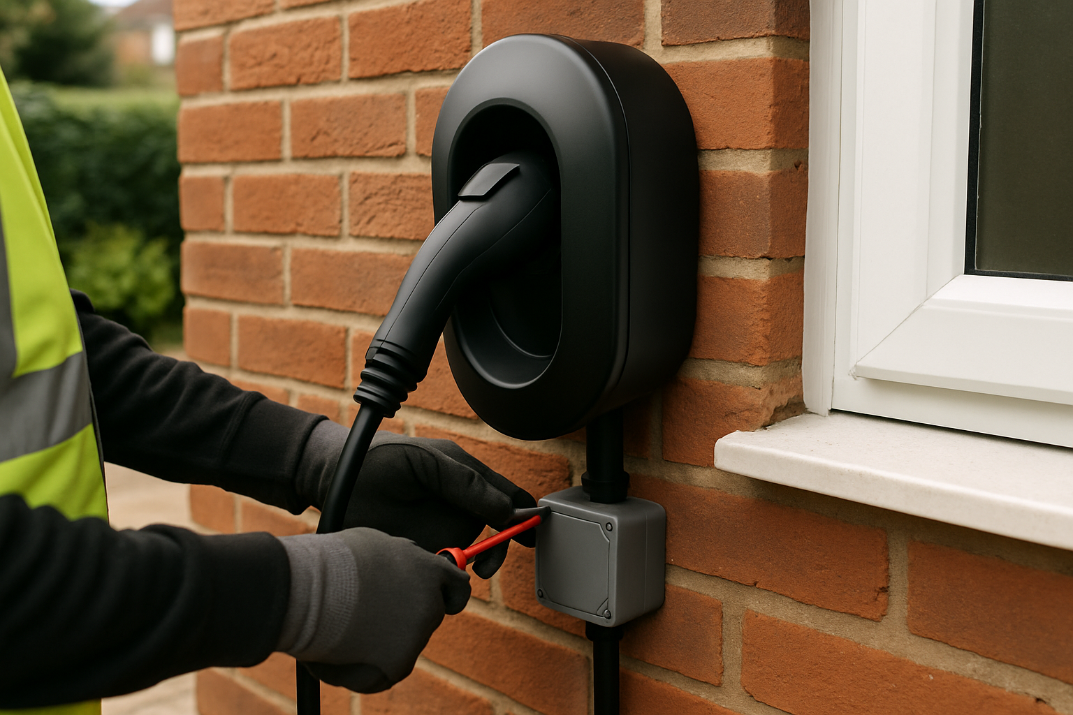 EV charger being professionally installed on a garage wall, installer tidying cable runs and secure fixings in Guildford.