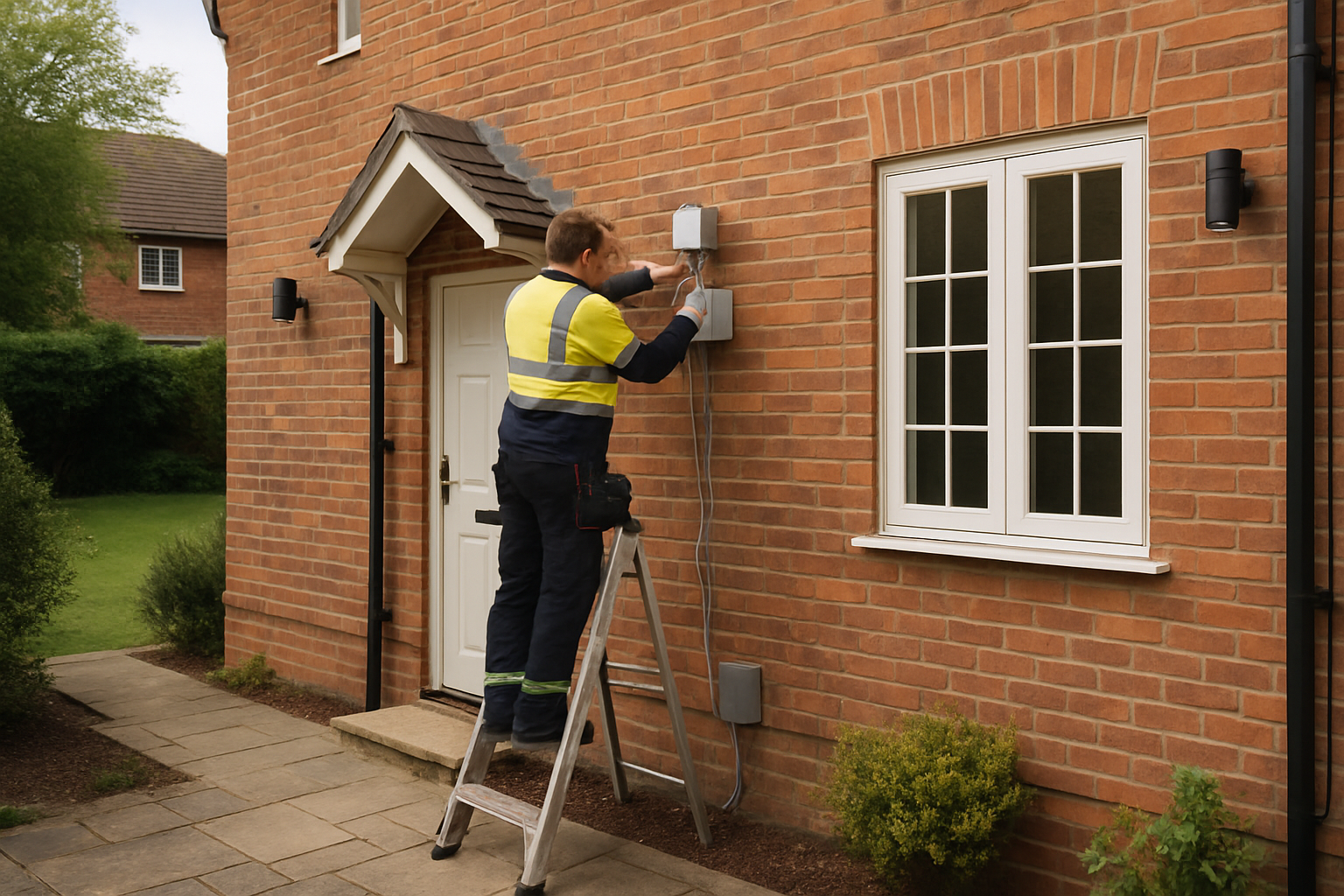 Two electricians fitting a consumer unit and tidy wiring in a Guildford home, wearing hi-vis and using insulated tools.