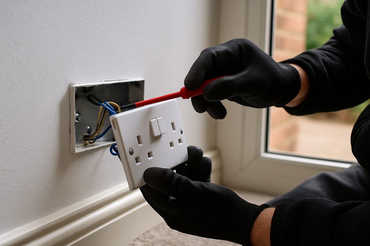 Two electricians installing wiring in a consumer unit in Woking, wearing PPE and using insulated tools