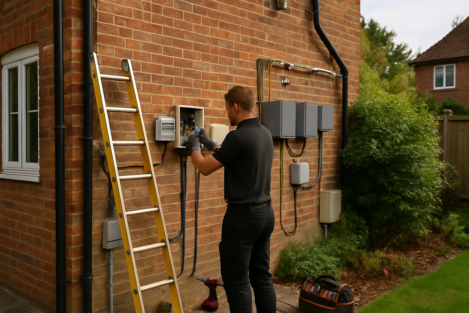 Two electricians in hi-vis vests installing a consumer unit in a Walton-on-Thames home, tidy wiring and professional finish
