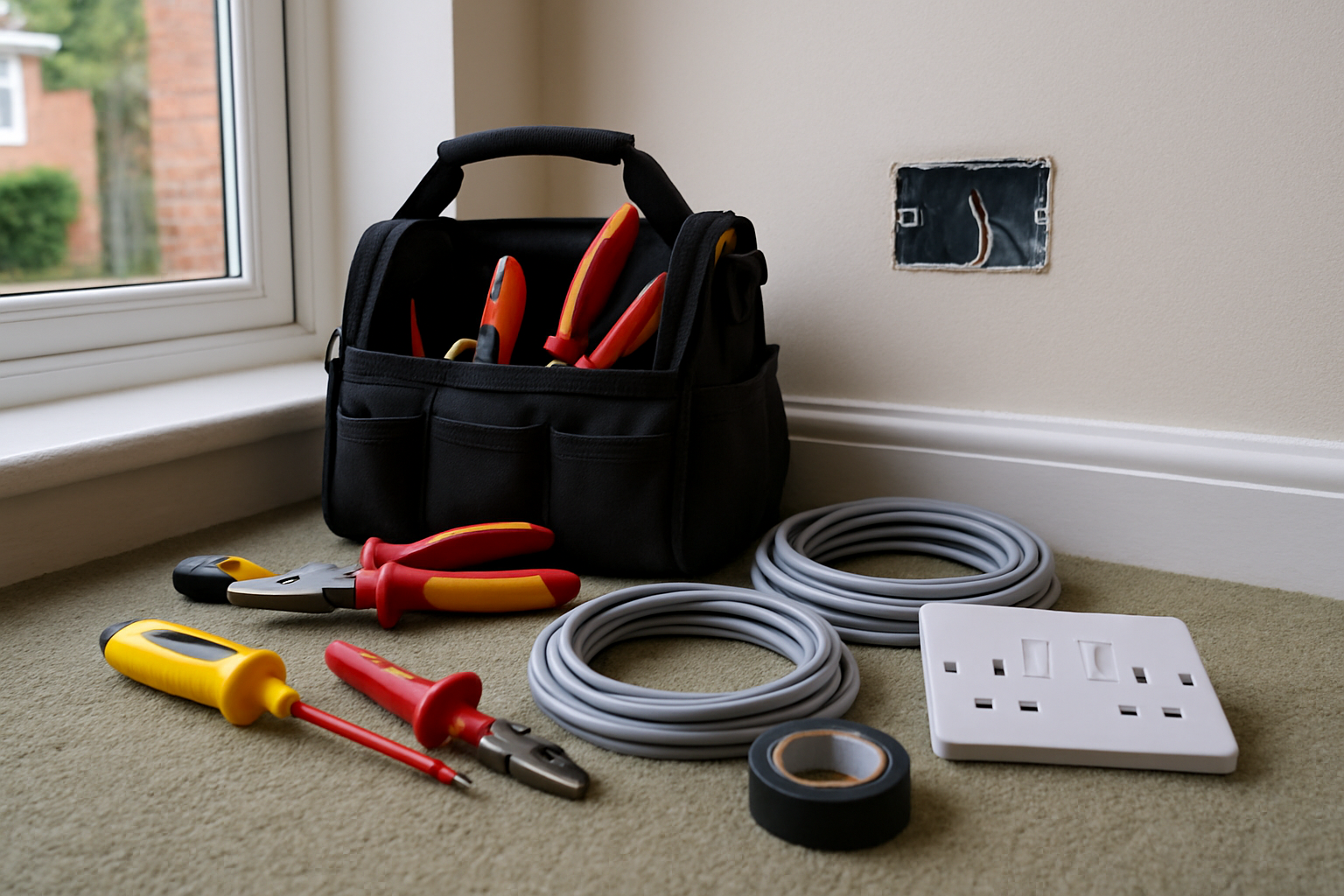 Two electricians installing wiring in a Woking home, wearing PPE and using tools for a neat professional finish.