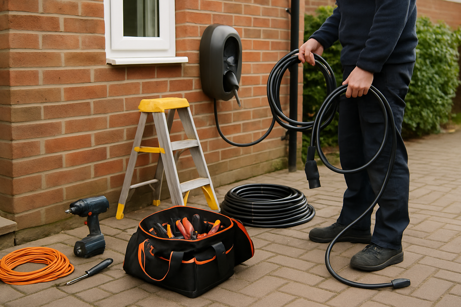 EV charger being professionally installed on a Woking home's exterior, installer securing wiring and mounting bracket
