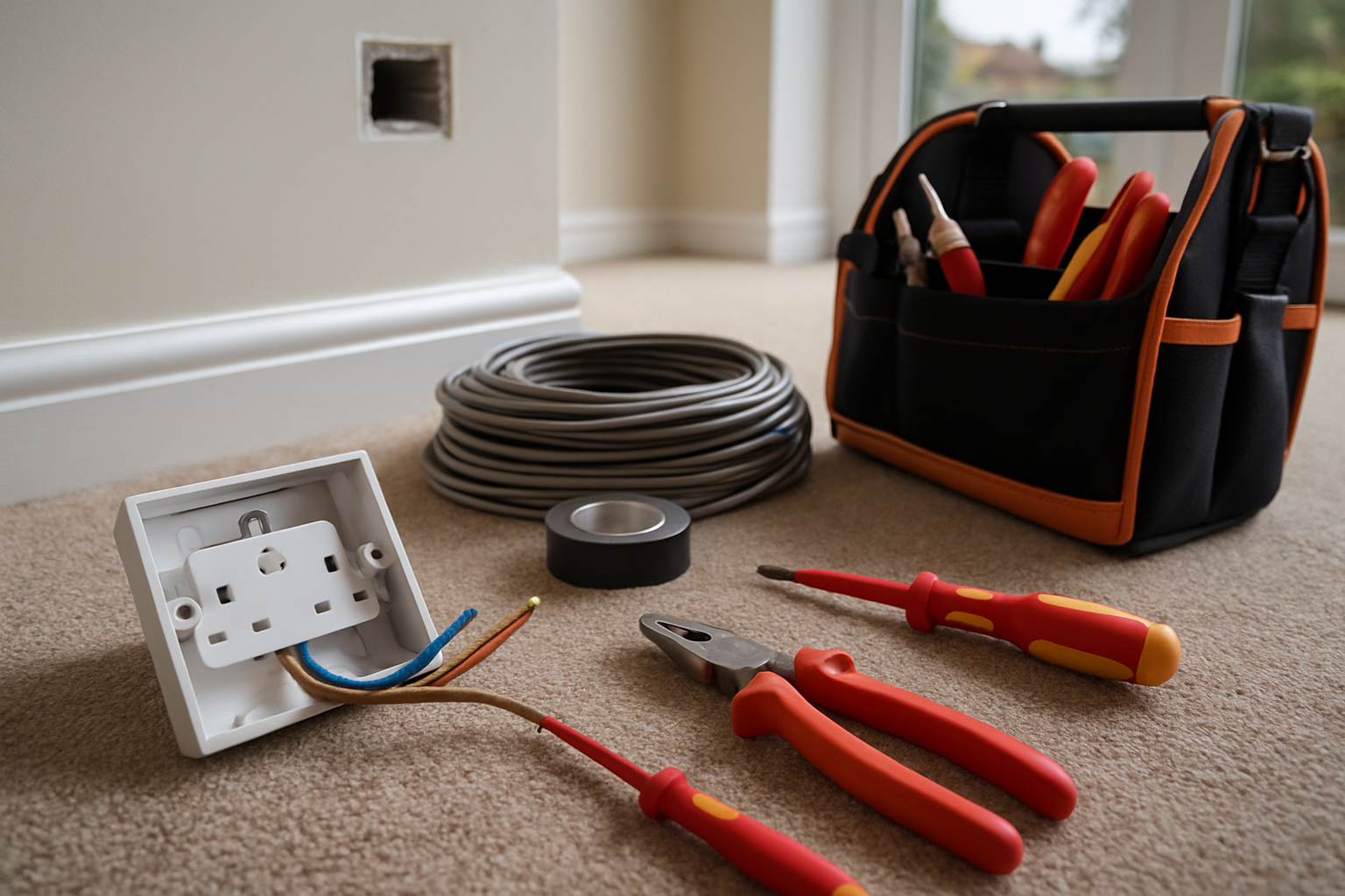 Two electricians fitting a consumer unit and tidying cables in Guildford, showcasing professional finish and detailed wiring.