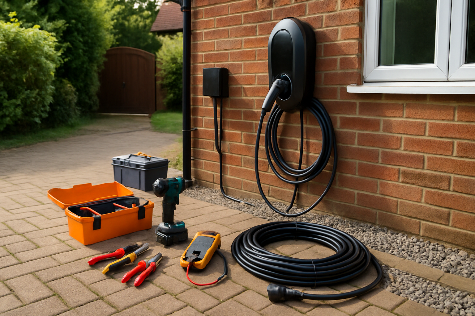 Electric vehicle charger being professionally installed on a Guildford driveway wall, neat wiring and clean finished mountin…