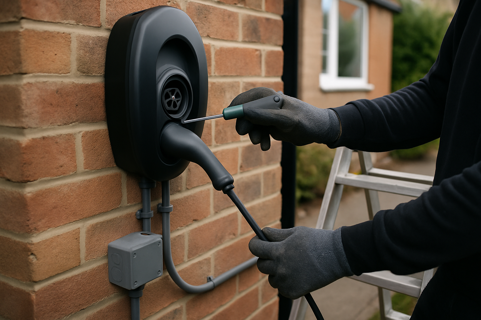 EV charger installation in Woking, electrician securing a wall-mounted charger with neat cabling and professional finish.