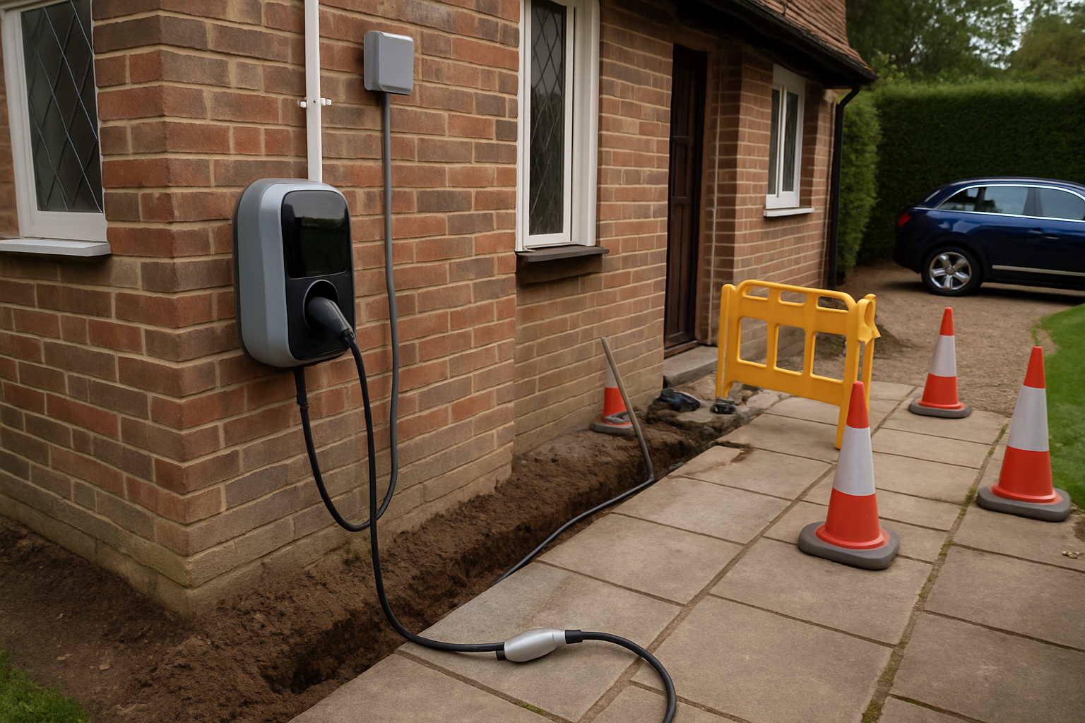 EV charger installation by electrician in Guildford showing a mounted charger, tidy cable runs and professional finish.