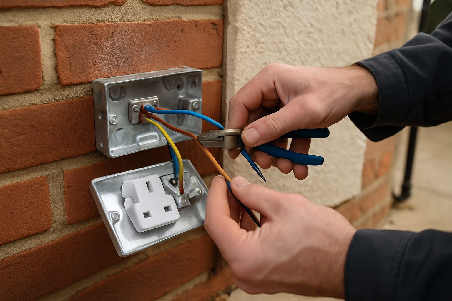 Two electricians installing wiring and a consumer unit in Walton-on-Thames, showing tidy cable management and tools.