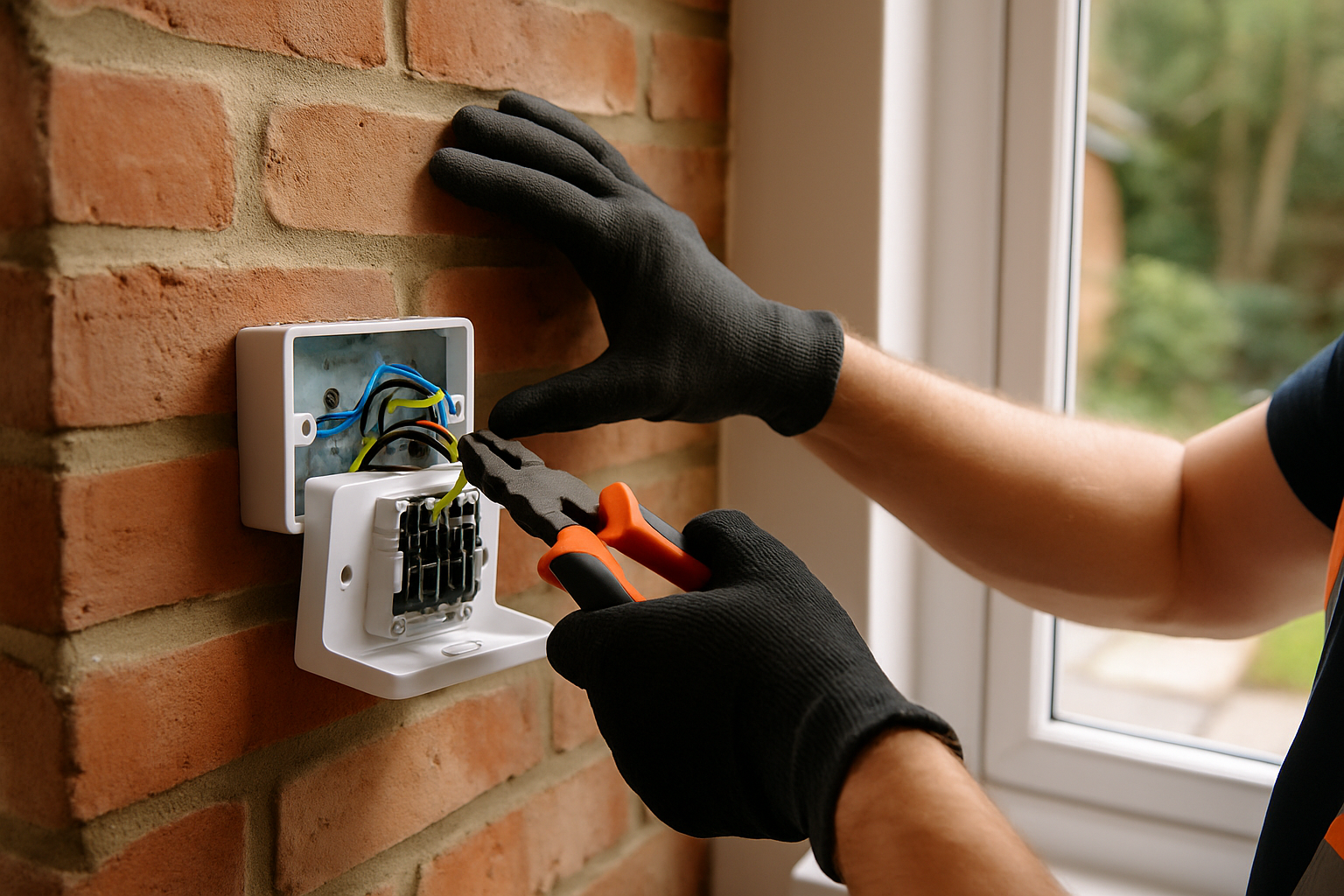 Two professional electricians in Guildford installing a consumer unit, wearing hi-vis and using testers and tools