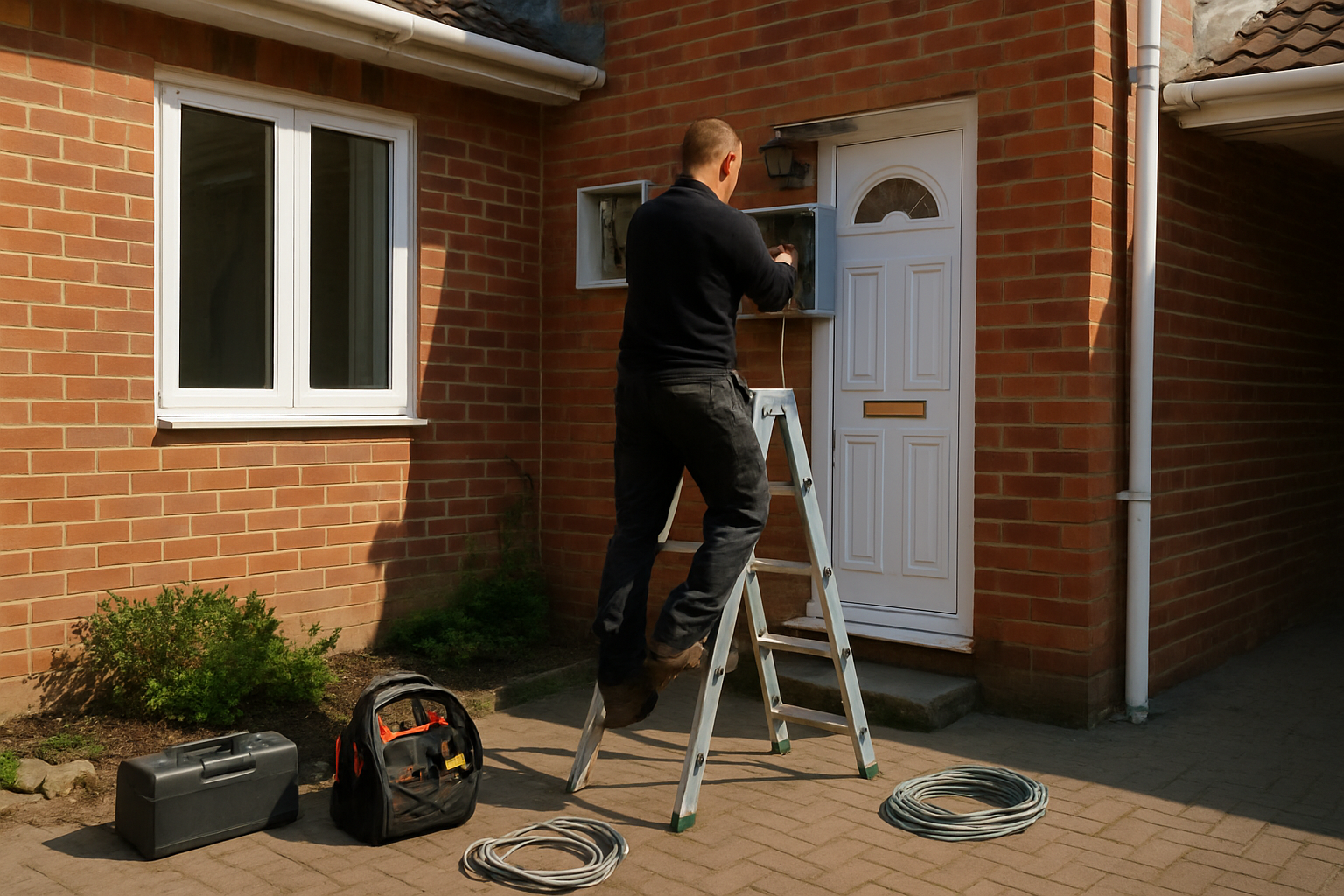 Two electricians installing a consumer unit and tidying cabling, showing a neat professional finish in Woking