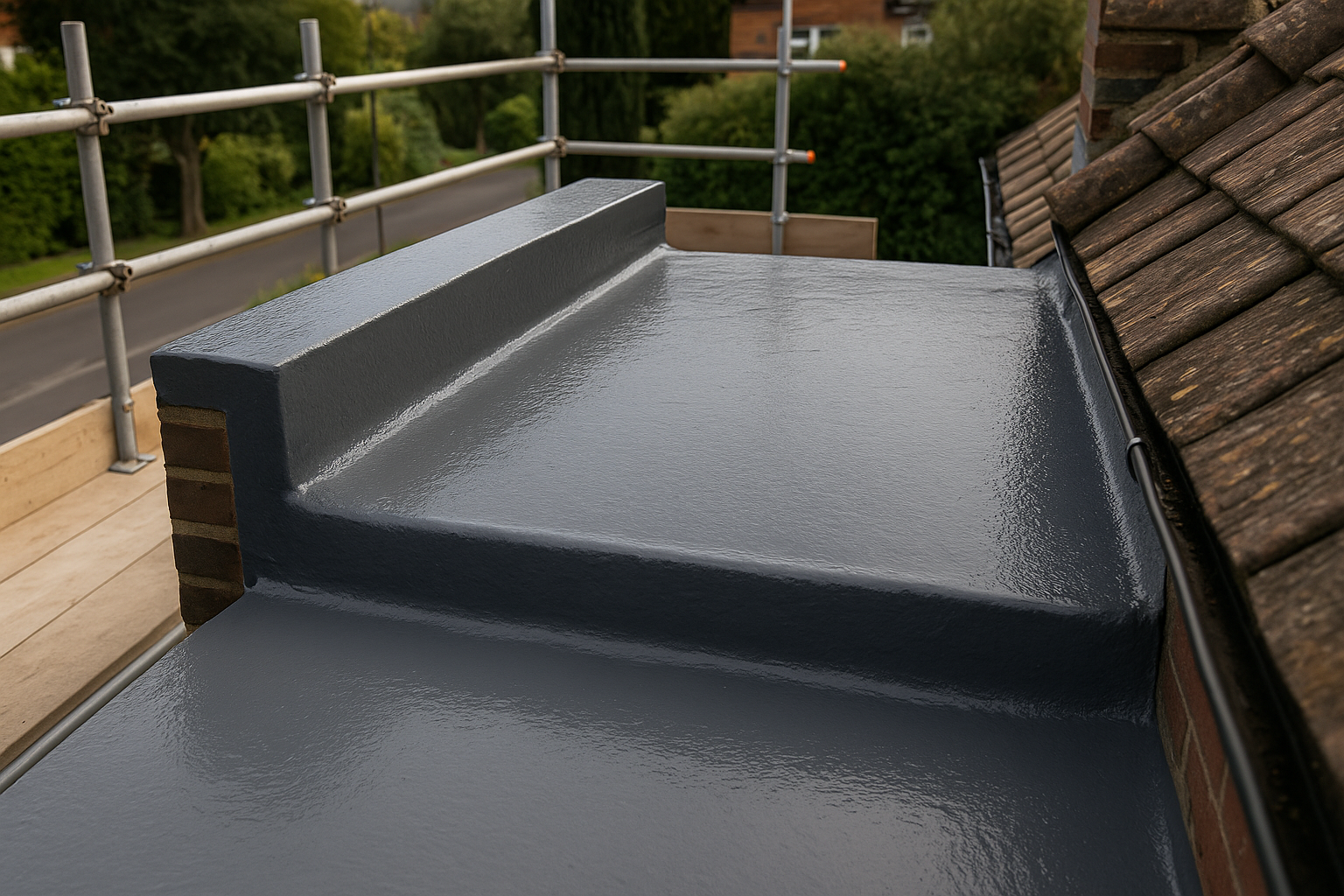 Liquid roofing contractor applying liquid waterproofing to a flat roof in Woking, showing a smooth professional finish.