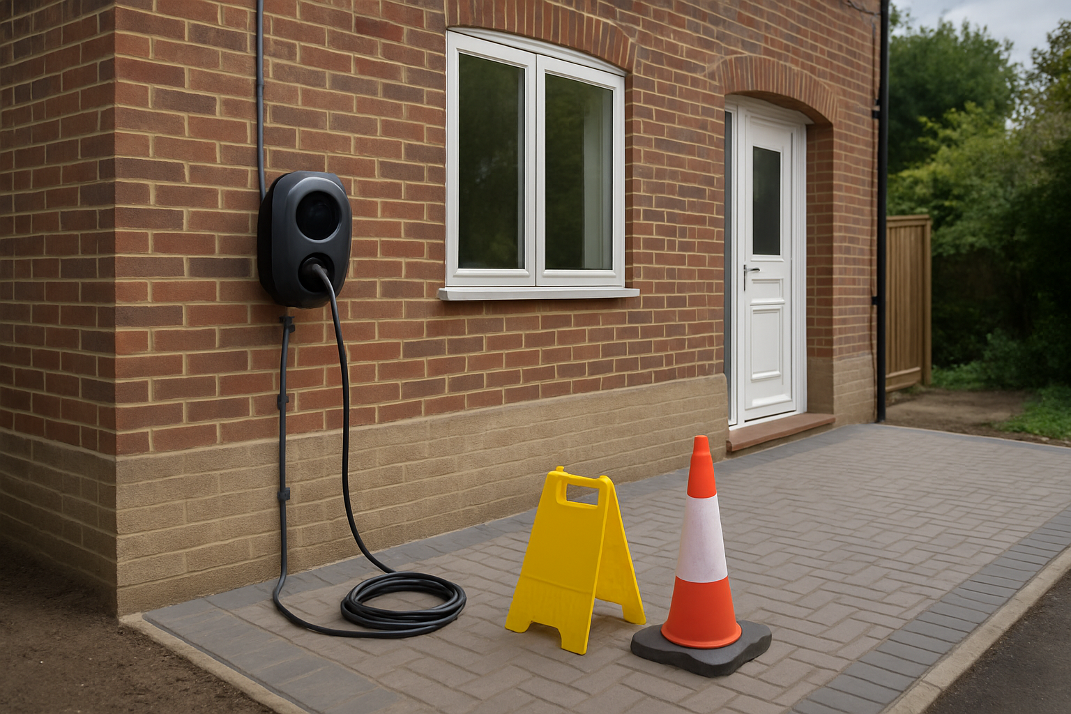 Technician fitting EV charger with tidy wiring and neat fixings in Woking, showing professional installation details.