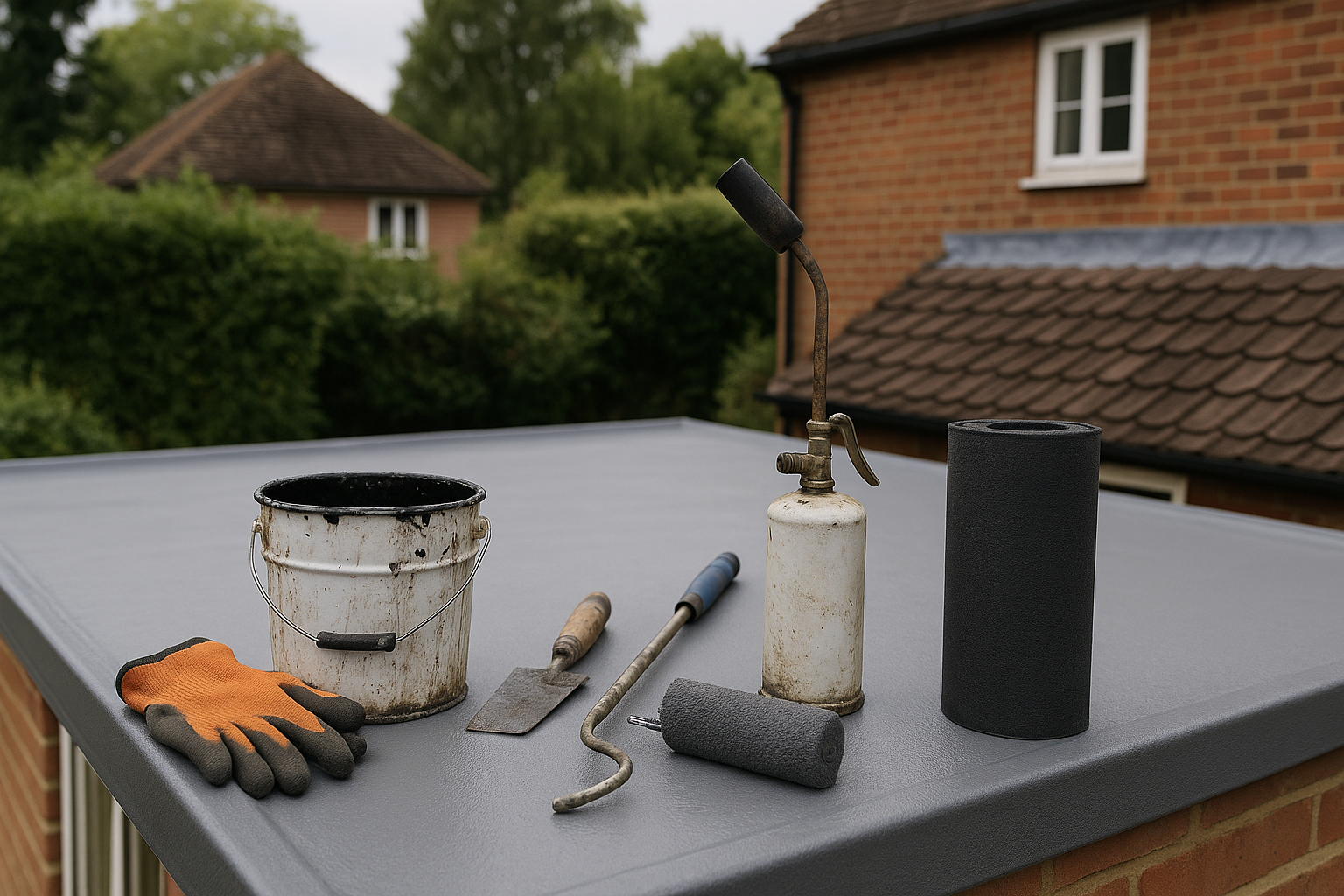 Operative applying liquid roofing membrane to flat roof edge in Guildford, showing professional finish and clean detailing.